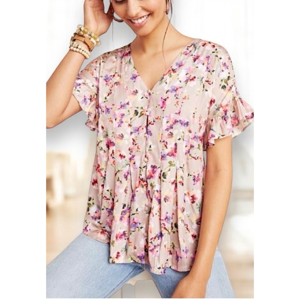 Dolan Left Coast Collection Floral Button Front Ruffle Sleeve satin Blouse XS‎